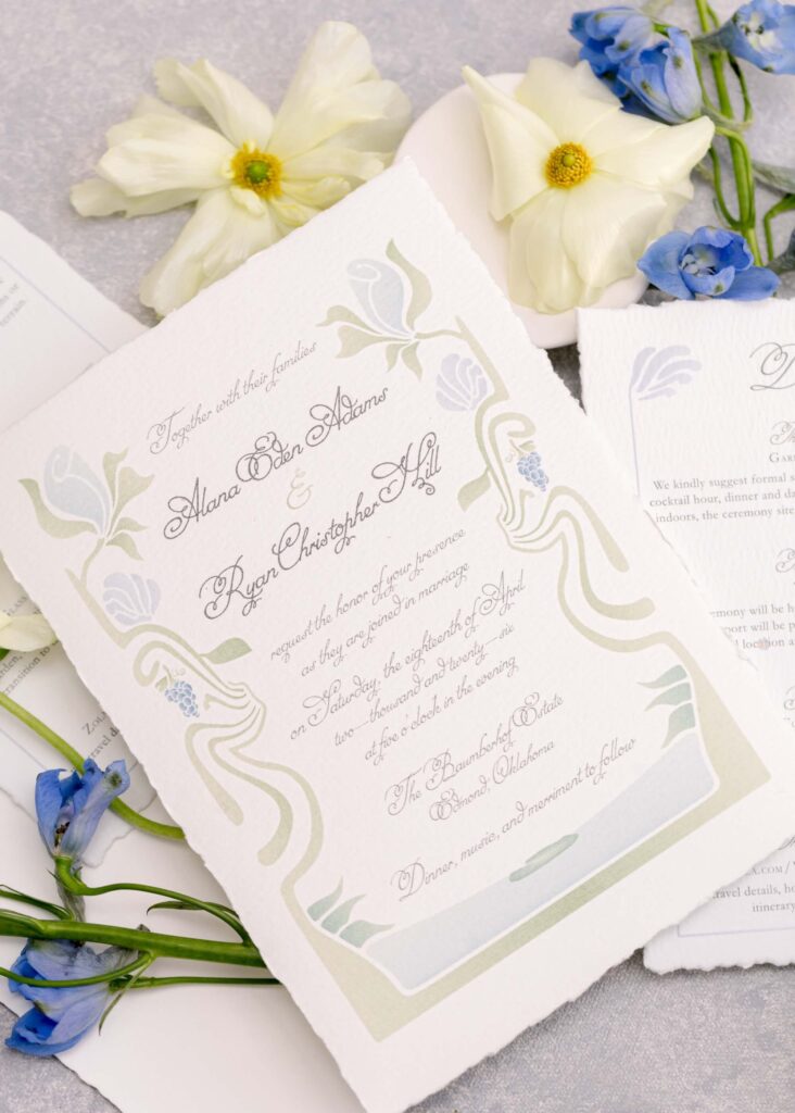Angled flat lay close-up of a custom wedding invitation by Eden Hill Atelier, showcasing delicate Art Nouveau botanical borders in sage green and soft blue on premium deckled-edge paper.⁠